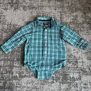 Osh Kosh B'gosh Boys 18 M Blue Gingham Plaid Cotton Button Up Shirt Jumper